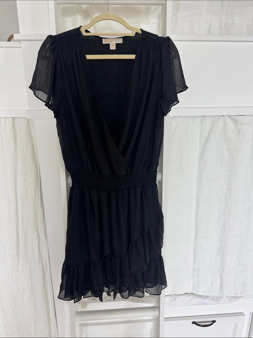 Michael Kors Black Smocked-Waist V-Neck Ruffle Dress